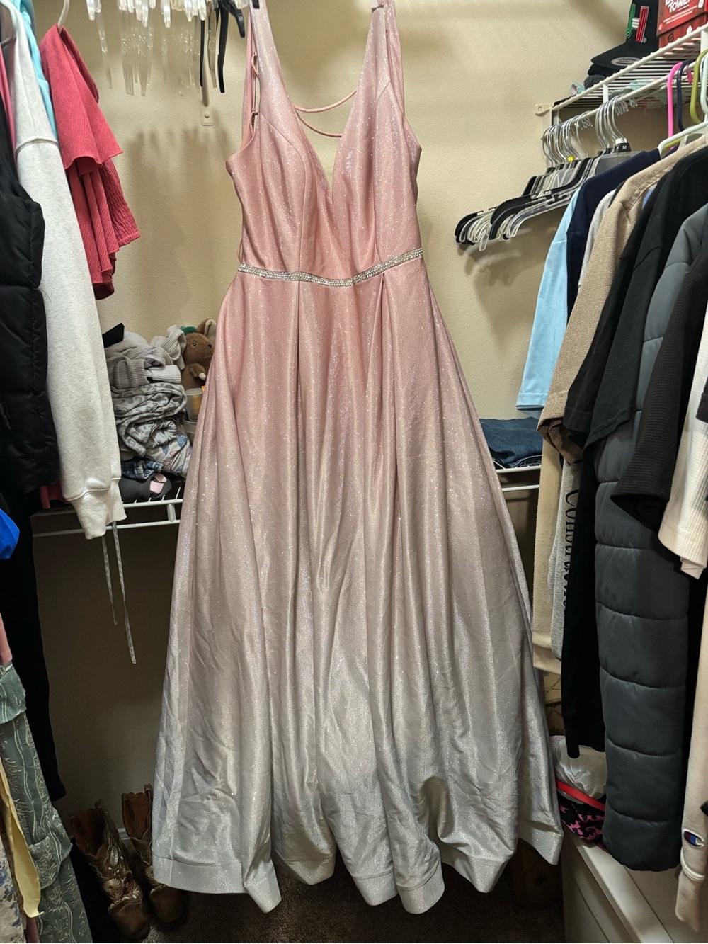 Sparkle Pink Ombre Ball Gown Dress with Rhinestone Waist